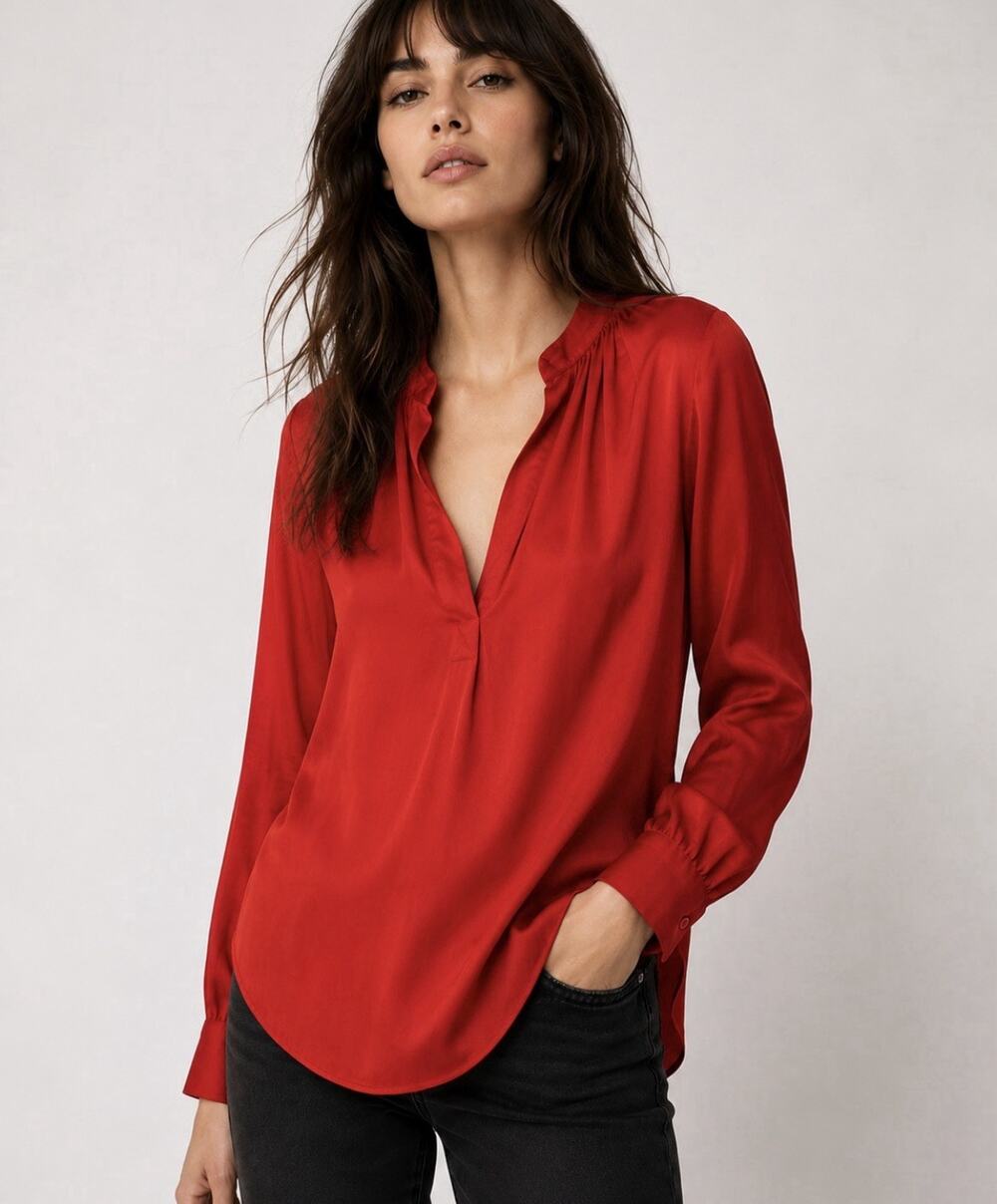 Zadig Voltaire Red Satin Blouse Small Split V Neck LS Draped Top France